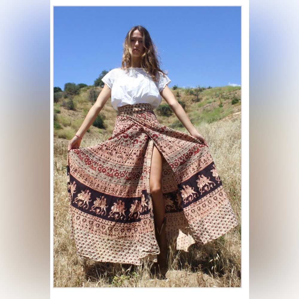 Vintage Made in India Boho Elephant Print Wrap Maxi Skirt OS - Picture 7 of 10